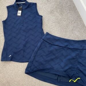 Adidas Tech Sleeveless Golf Polo Jacquard Indigo Blue S and Golf Skort M NWT